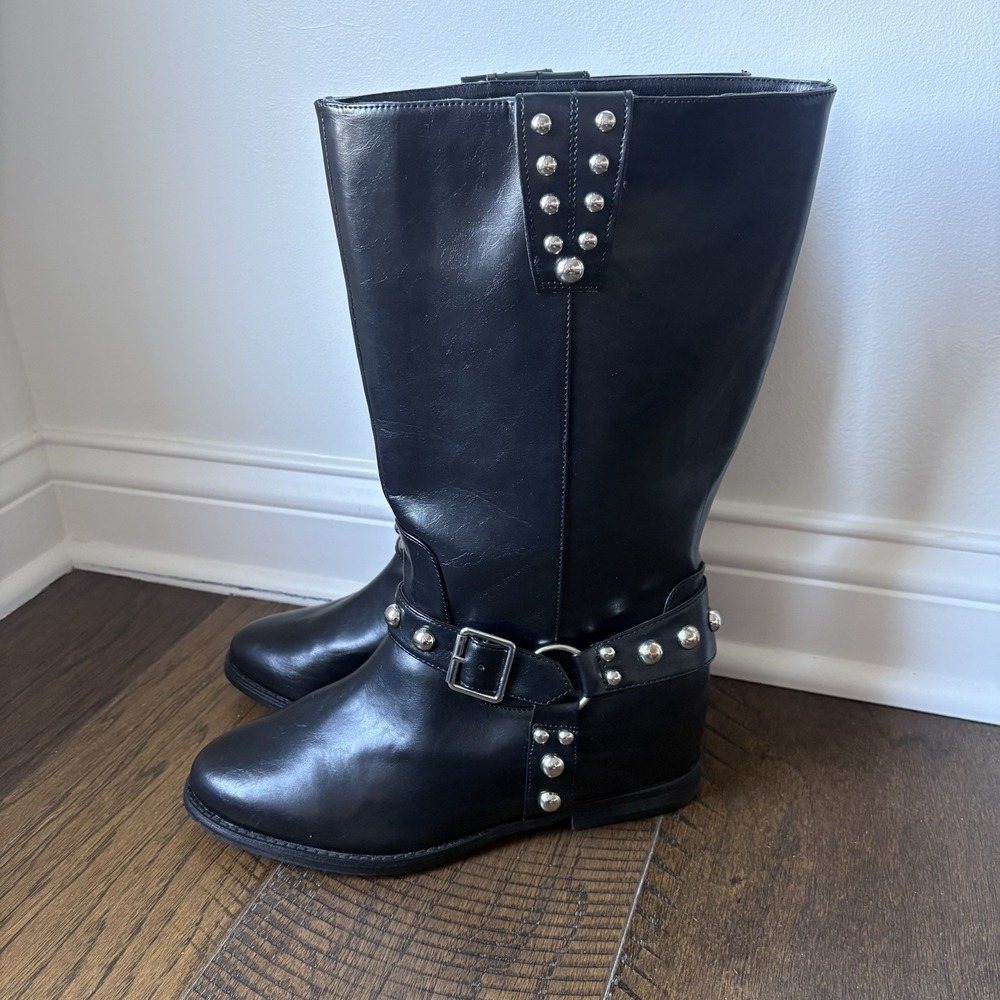 Jessica Simpson Black Milley Studded Moto Boots Silver Harness Hidden Wedge Sz11 - Picture 3 of 10